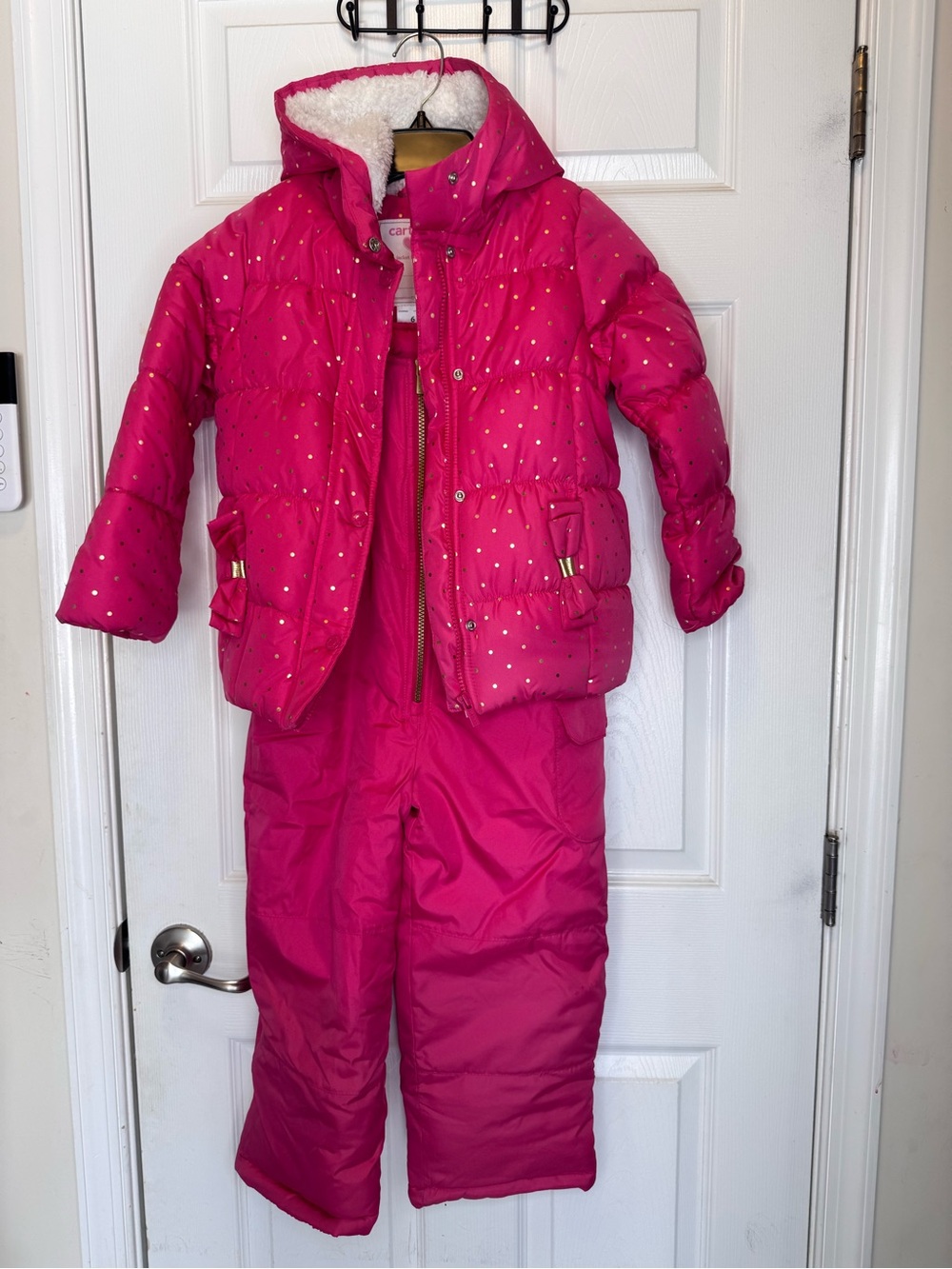 Carter's Hot Pink Girls' Puffer Jacket and Snow Bib Set with Gold Dot Accents